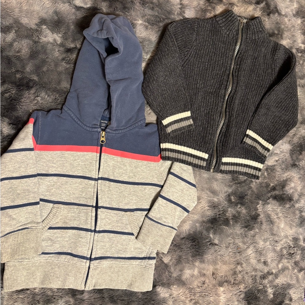 OshKosh front zip sweater & babyGap hoodie size 3T—grey and stripes and cuteness